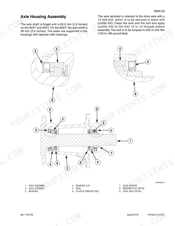 Case 85XT, 90XT, 95XT axle housing assembly exploded view, bearing cup, seal, and axle spacer component diagram.