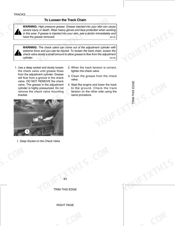 Case 9050B, 9050B Excavator procedure for loosening the track chain, including safety warnings and check valve adjustment.