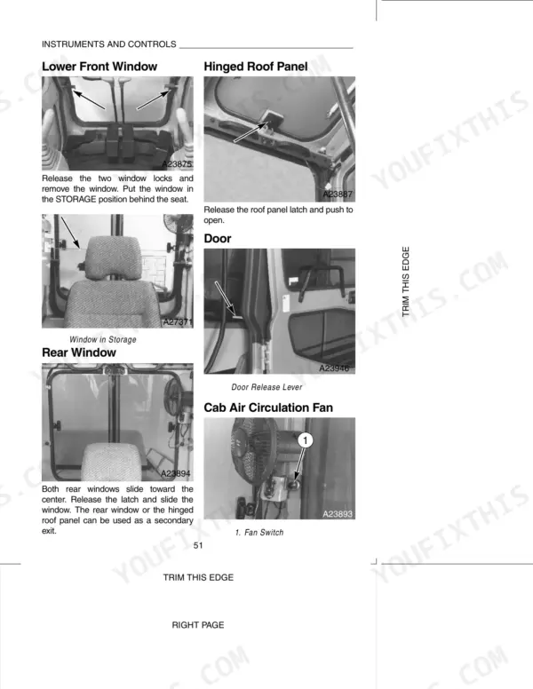 Case 9050B, 9050B Excavator: Instructions for operating cab windows, roof panel, door release, and air circulation fan.