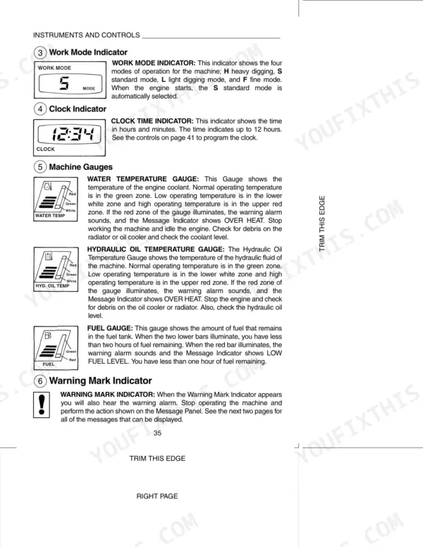 Case 9050B, 9050B Excavator manual page showing work mode, clock, machine gauges, and warning mark indicator descriptions.