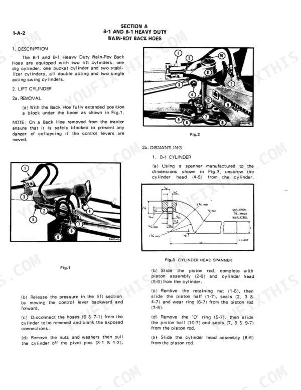 Case B-1, B-1 Heavy Duty, 43-1, 43-2, 3122, 3142, BACKHOE, SM30A, INTERNATIONAL BACKHOES: Lift cylinder removal and dismantling.