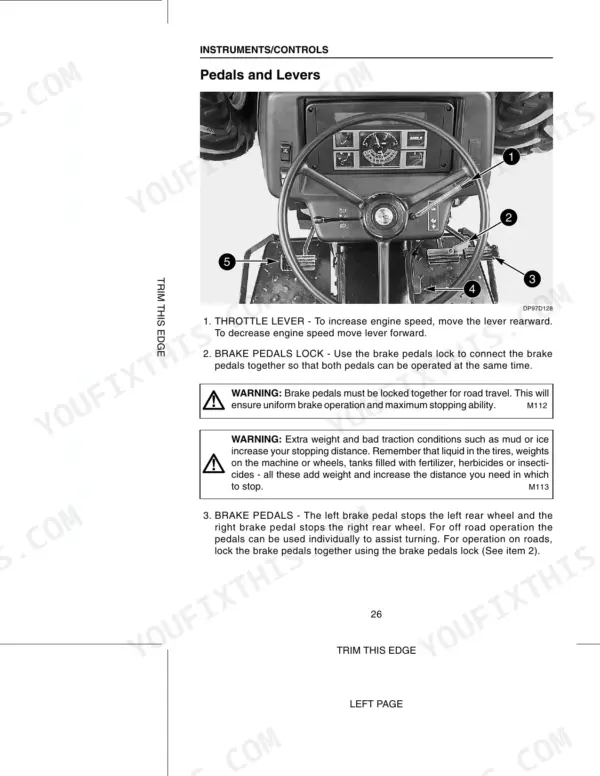 Case C50, C60, C70, C80, C90, C100 operator manual page showing tractor instrument controls, throttle lever, and brake pedals.