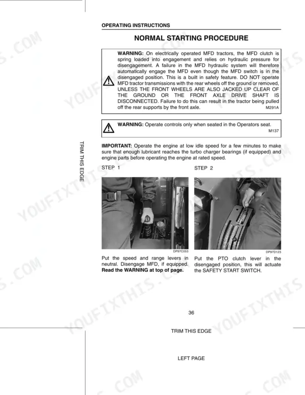 Case C50, C60, C70, C80, C90, C100 normal starting procedure, MFD safety warnings, and PTO clutch lever instructions.