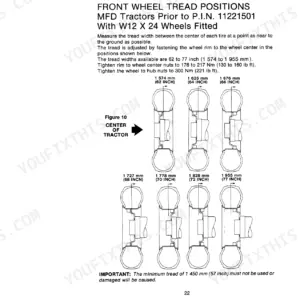Case Case Tractor front wheel tread position diagram for MFD tractors with W12 x 24 wheels, showing adjustment settings.