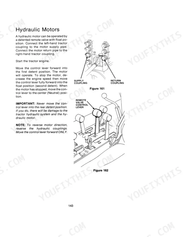 Case Case Tractor hydraulic motor operation, supply and return coupling diagrams, and remote valve control lever procedures.