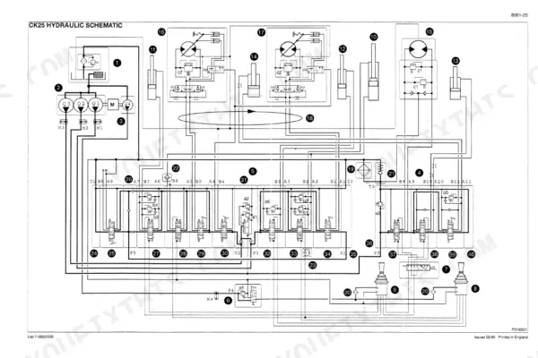 Case CK25, CK28 hydraulic schematic diagram showing pumps, control valves, cylinders, and joystick pilot controls.