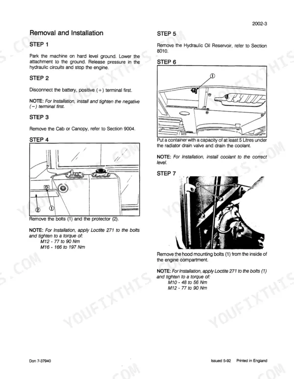 Case CK25, CK28 service manual procedures for removing cab, canopy, radiator coolant, and engine hood mounting bolts.