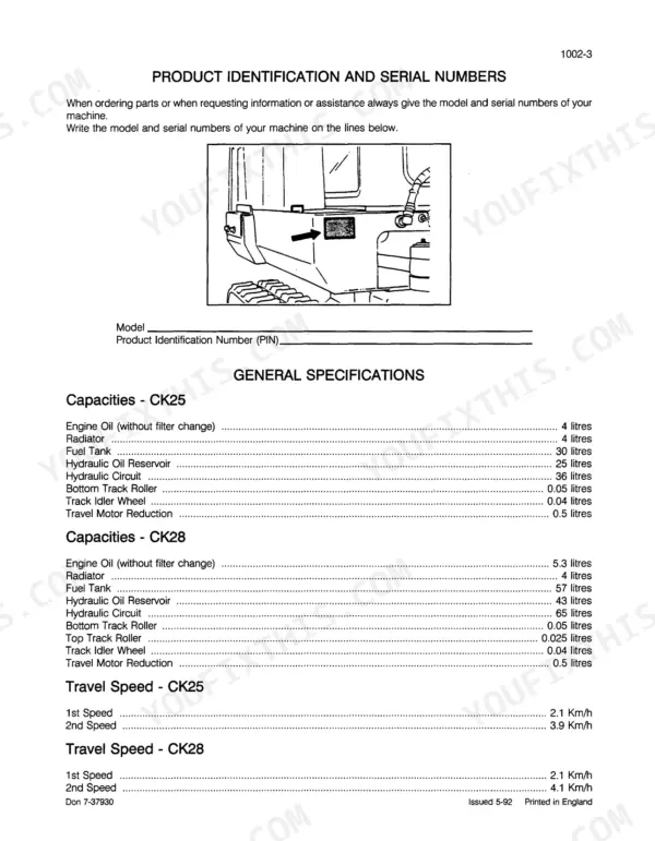 Case CK25, CK28 product identification location diagram and fluid capacity and travel speed specifications table.