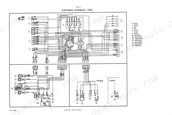 Case CK25, CK28 electrical schematic diagram showing wiring connections, fuse block, and color-coded wire identification key.