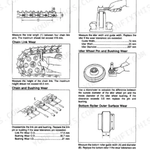 Case CK36, CK50 inspection manual for track chain, idler wheel, and bottom roller wear specifications and measurements.