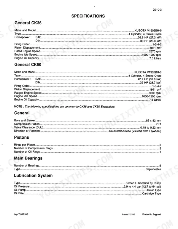 Case CK36, CK50 engine specifications table including Kubota V1902BH engine data, pistons, bearings, and lubrication system.