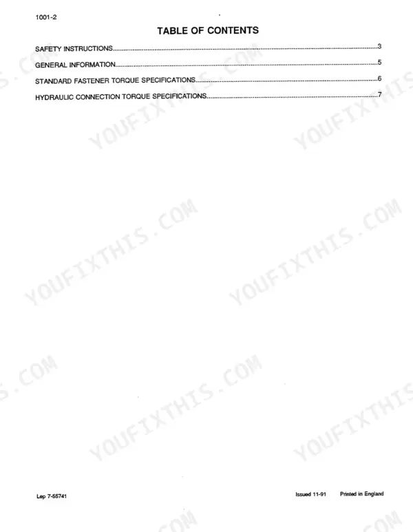 Case CK36, CK50 service manual table of contents listing safety, general information, and torque specifications.