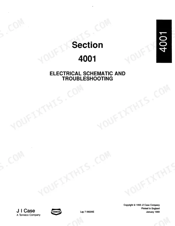 Case CK36, CK50 service manual section 4001, electrical schematic and troubleshooting cover page.