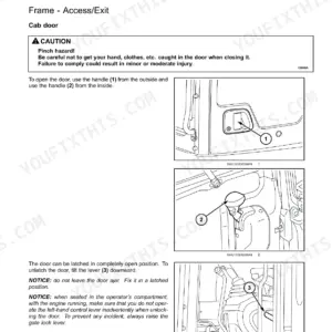 Case CX80C operator manual page showing cab door access, handle operation, and door latching procedures with diagrams.