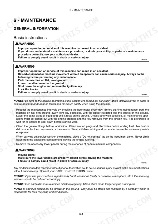 Case CX80C maintenance manual page detailing general safety warnings, service instructions, and machine preparation steps.