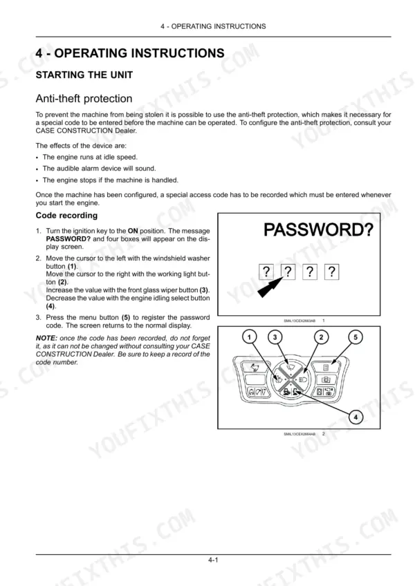 Case CX80C operating instructions for anti-theft protection, password entry, and control button identification.