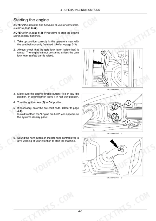 Case CX80C engine starting procedure, showing gate lock lever, ignition key, throttle button, and horn button diagrams.