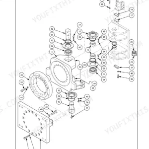 Case SV212D, SV216D exploded view diagram of the articulation frame pivot and component identification.