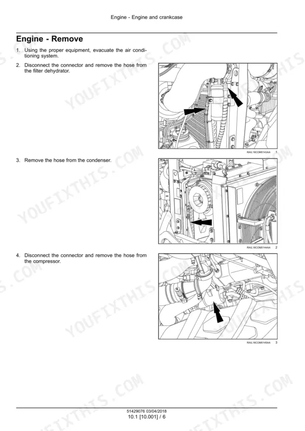 Case SV212D, SV216D engine removal procedure showing air conditioning hose and compressor disconnection steps.