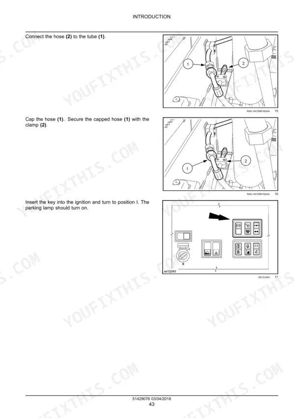 Case SV212D, SV216D procedures for hose connection, capping, and ignition switch parking lamp operation.
