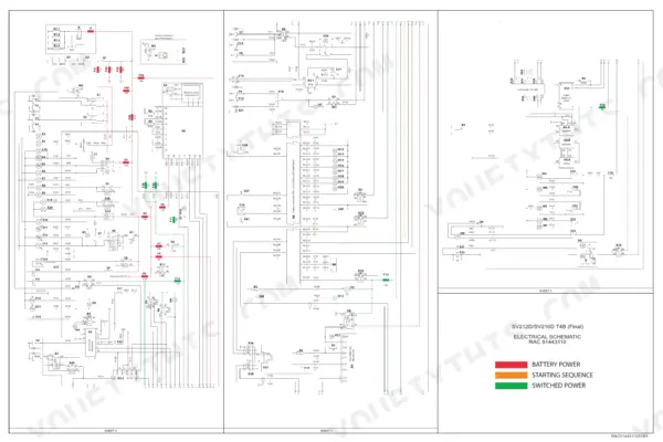 Case SV212D, SV216D electrical schematic showing battery, starting sequence, and switched power wiring diagrams.