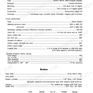 Case Corporation 1470 service manual specifications table for fuel injection pump, fuel injector, and brake system components.
