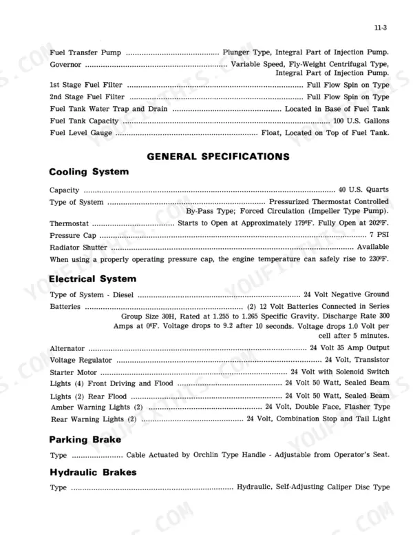 Case Corporation 1470 service manual page listing fuel, cooling, electrical, and brake system specifications.