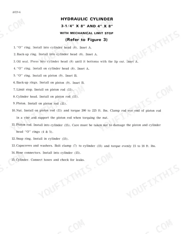 Case Corporation 1470 hydraulic cylinder assembly procedure for 3-1/4 and 4 inch cylinders with mechanical limit stop.
