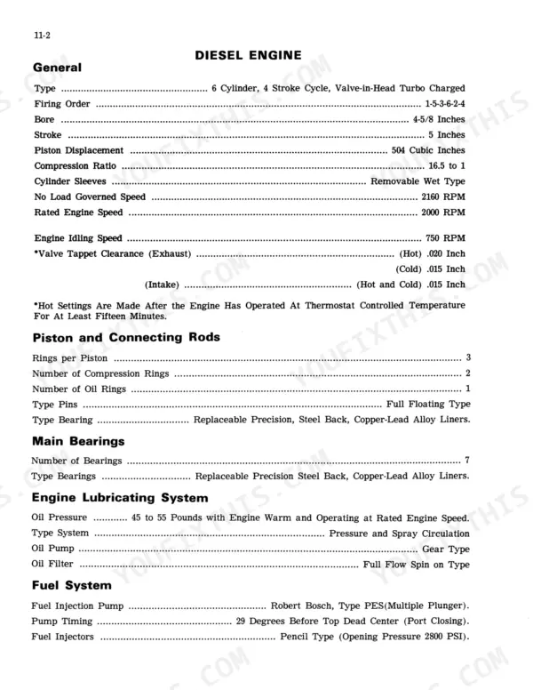 Case Corporation 1470 diesel engine specifications table including bore, stroke, valve clearance, and lubrication system data.