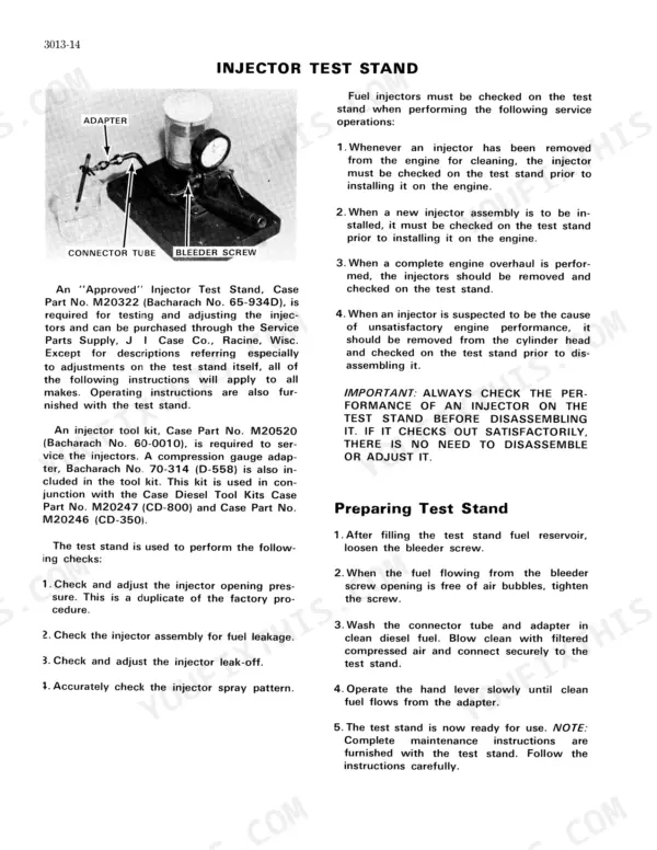 Case Corporation 1470 injector test stand setup, operation, and maintenance procedures with component diagram.