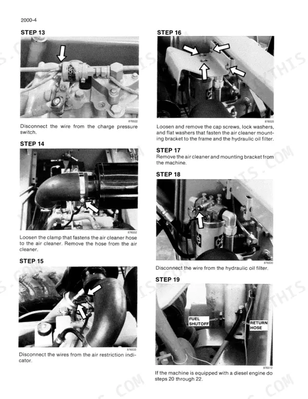 Case Corporation 1835C service manual steps for removing air cleaner, hydraulic oil filter, and charge pressure switch.
