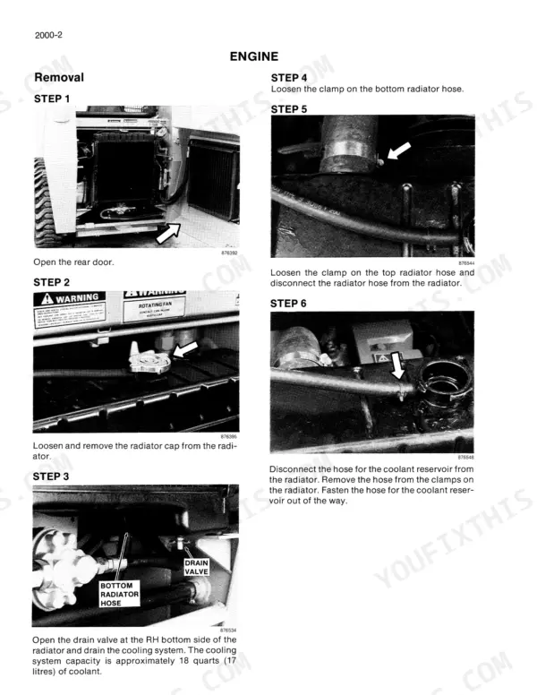 Case Corporation 1835C engine radiator removal steps 1 through 6 showing hose, drain valve, and radiator cap procedures.