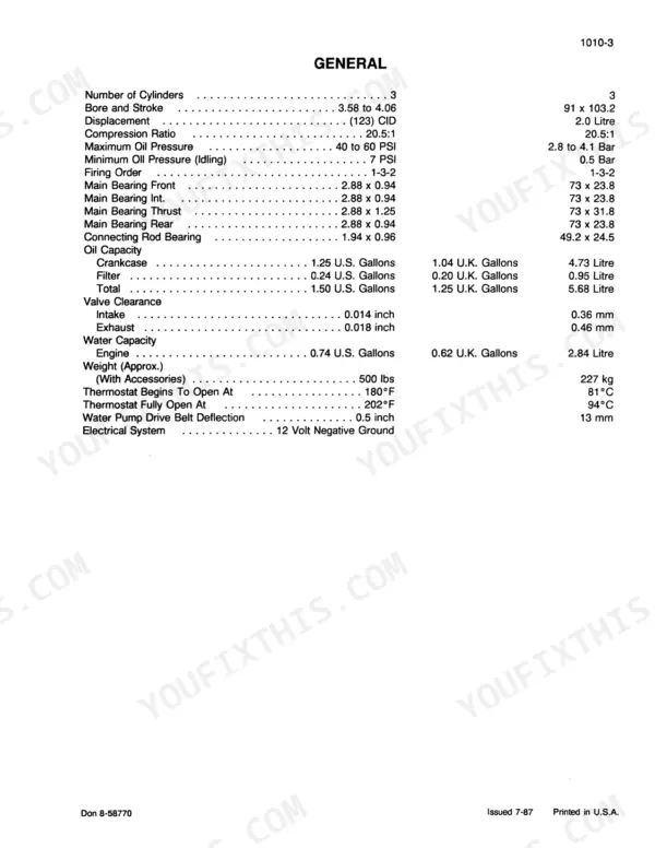 Case Corporation 1835C engine general specifications table including oil capacity, valve clearance, and bearing dimensions.