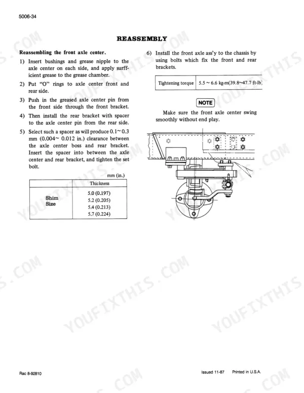 Case Corporation 275 Tractor, 275-2WD, 275-4WD, MT300 front axle center reassembly steps, torque specs, and shim table.
