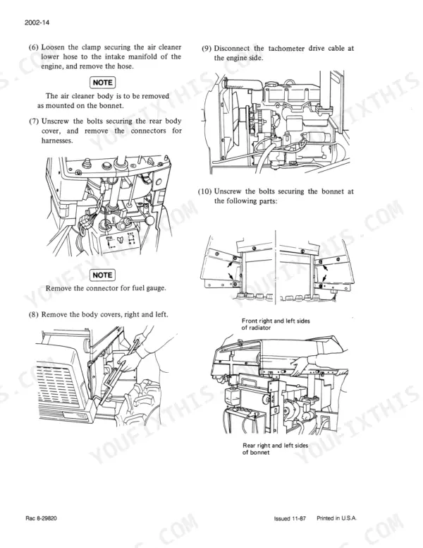 Case Corporation 275 Tractor, 275-2WD, 275-4WD, MT300: Procedures for removing air cleaner, body covers, and bonnet.