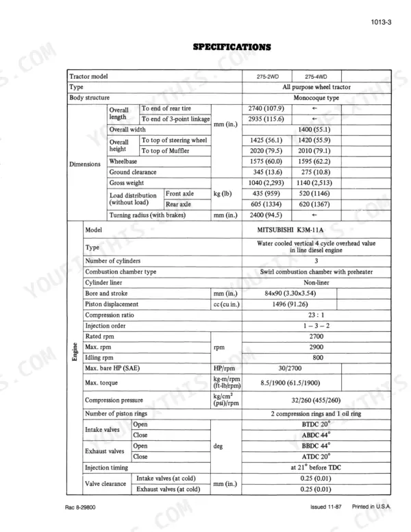 Case Corporation 275 Tractor, 275-2WD, 275-4WD, MT300 specifications table for dimensions and Mitsubishi K3M-11A engine data.