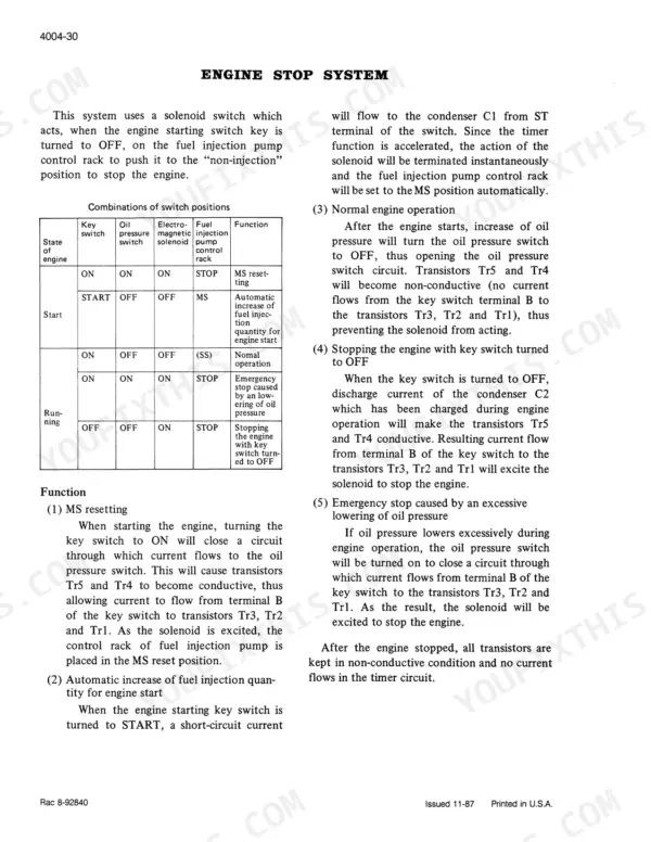Case Corporation 275 Tractor, 275-2WD, 275-4WD, MT300 engine stop system operation table and circuit description.