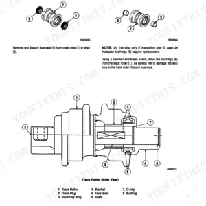 Case Corporation 9030B, 9040B, 9045B Excavator track roller disassembly procedure, face seal and bushing removal.