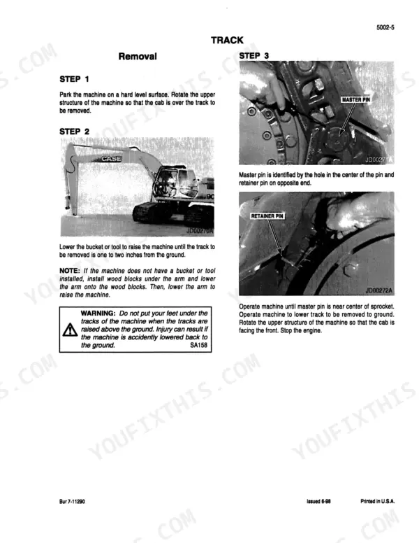 Case Corporation 9030B, 9040B, 9045B Excavator track removal procedure steps, master pin and retainer pin identification.
