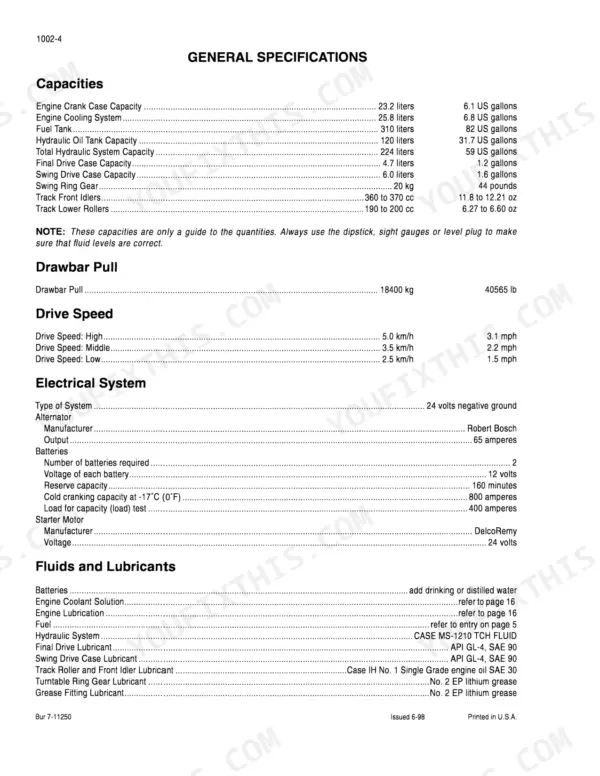 Case Corporation 9030B, 9040B, 9045B Excavator general specifications table for capacities, drawbar pull, and electrical system.