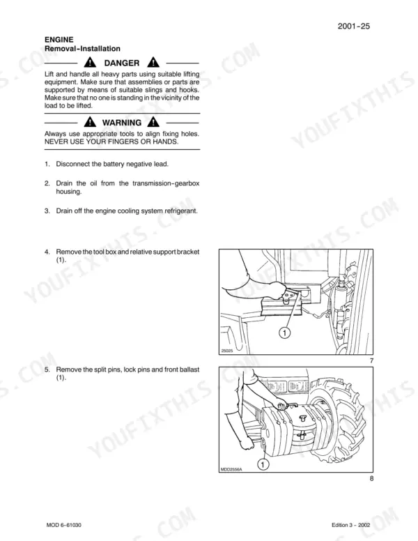 Case Corporation JX70U, JX80U, JX90U, JX100U engine removal steps, tool box and front ballast removal diagrams.