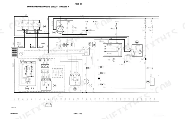 Case Corporation JX70U, JX80U, JX90U, JX100U starter and recharging circuit wiring diagram A with fuses and relays.