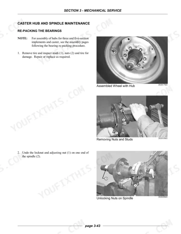 Case Corporation PTX600 PRECISION TILLAGE caster hub and spindle bearing re-packing maintenance procedure steps.