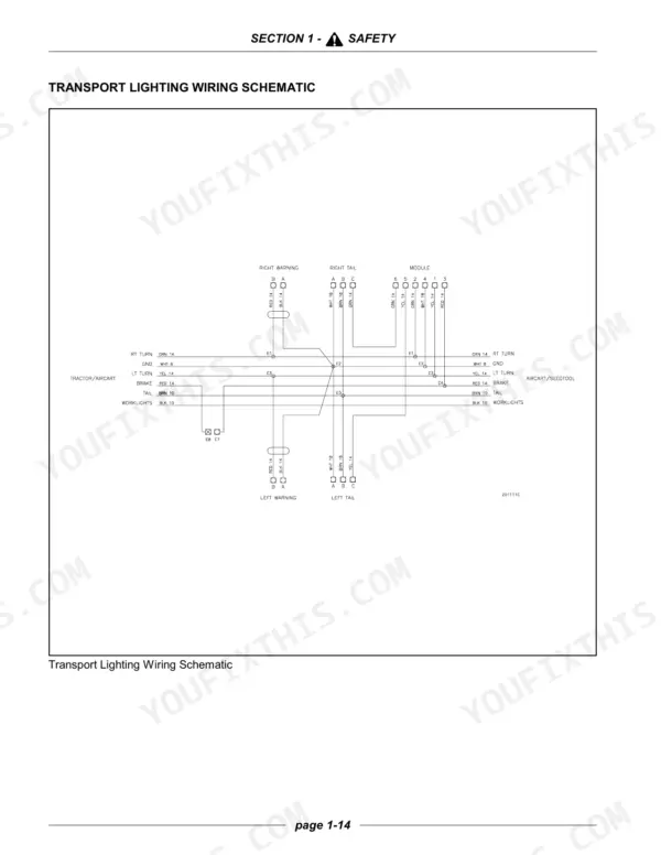 Case Corporation PTX600 PRECISION TILLAGE transport lighting wiring schematic for warning, tail, and module lights.
