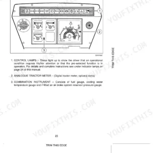 Case CS68, CS68a, CS75a instrument panel diagram showing control lamps, analogue tractor meter, and gauges.
