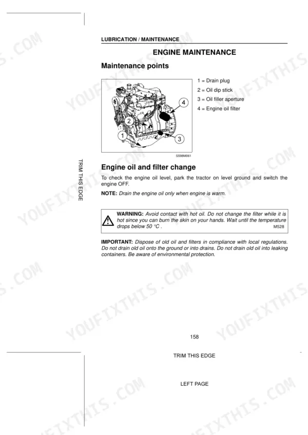Case CS68, CS68a, CS75a engine maintenance diagram showing oil drain plug, dipstick, filler aperture, and oil filter.