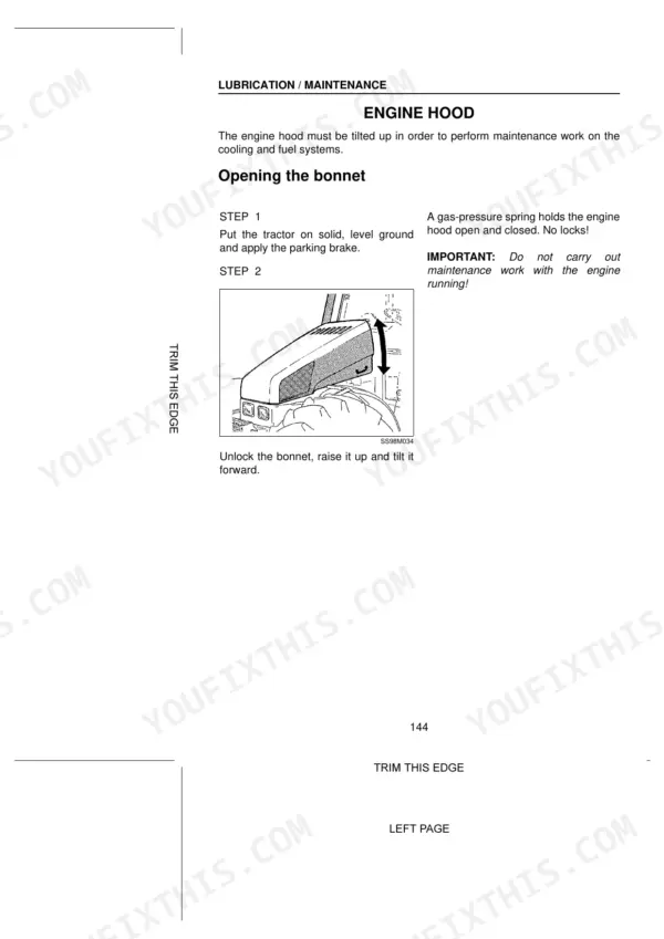 Case CS68, CS68a, CS75a maintenance procedure for opening the engine hood with diagram and safety instructions.