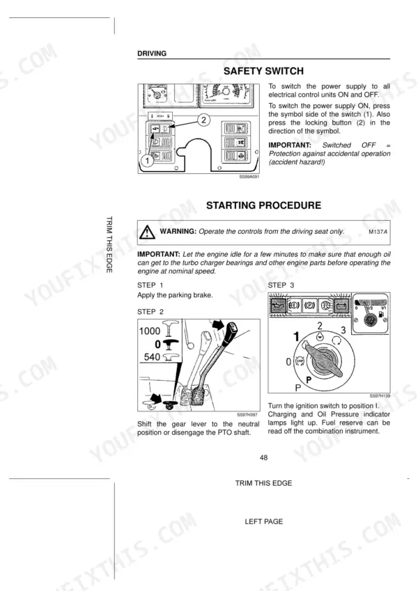 Case CS68, CS68a, CS75a safety switch operation and engine starting procedure instructions with control diagrams.