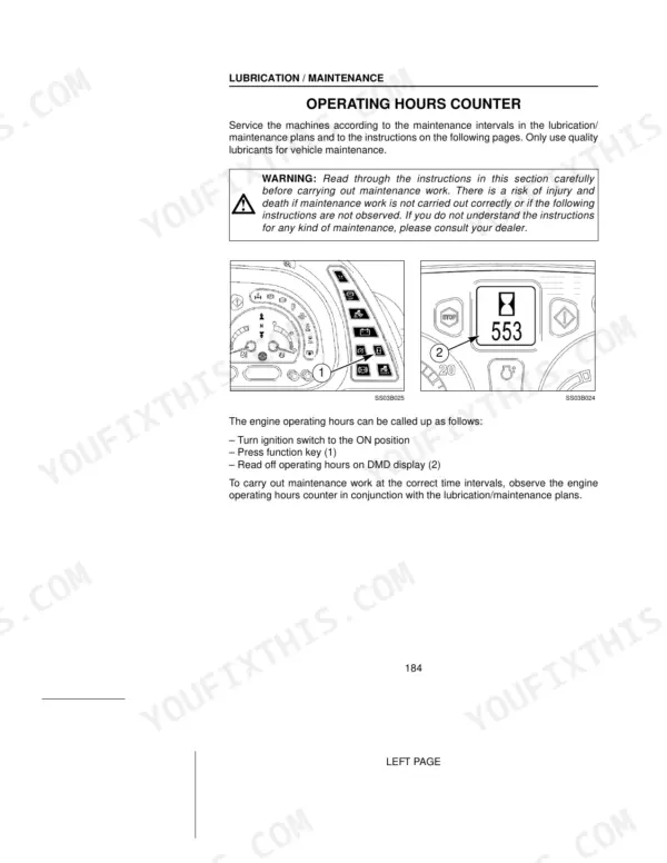 Case IH CVX1135–CVX1195 maintenance instructions and diagrams for reading the engine operating hours counter display.