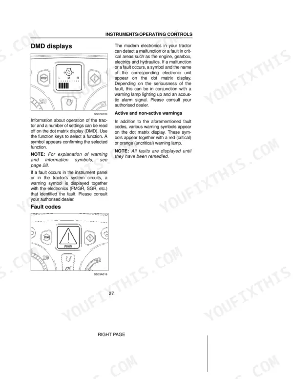 Case IH CVX1135–CVX1195 DMD display and fault code operating instructions.